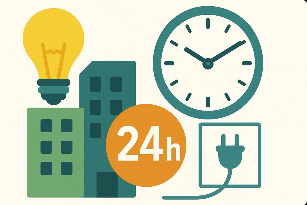 Der 24-h-Lieferantenwechsel im Strombereich, dargestellt durch eine Glühbirne, ein Steckdosen-Zeichen und eine Uhr.